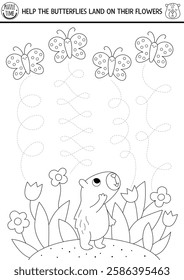 Vector black and white handwriting practice worksheet with capybara and butterflies landing on flower. Printable line activity for preschool kids with animals. Tracing game, coloring page
