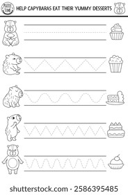 Vector black and white handwriting practice worksheet with capybaras and cakes. Printable line activity for preschool kids with animals. Tracing game, coloring page. Help capibaras eat yummy dessert
