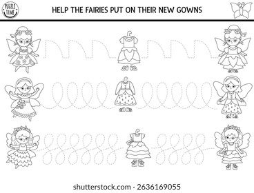 Vector black and white handwriting practice worksheet with woodland princess, dress. Printable activity for preschool kids with girls. Fairyland tracing game, coloring page with fairies, new gowns