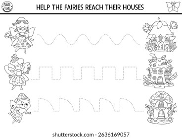 Vector black and white handwriting practice worksheet with woodland fairies in forest going to their houses. Printable activity, coloring page for kids with girl. Fairyland fantasy tracing game