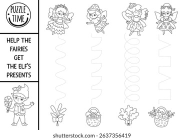 Vector black and white handwriting practice worksheet with woodland fairies and elf presents. Printable activity for preschool kids with cute girls. Fairyland tracing game, coloring page with gift