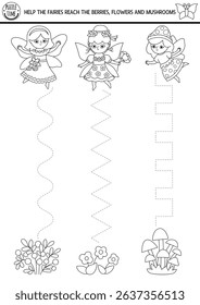 Vector black and white handwriting practice worksheet with woodland fairy on meadow, flower, berry, mushroom. Printable activity, coloring page for kid. Fairyland tracing game