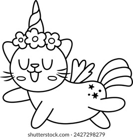 Vector black and white happy cat unicorn. Fantasy line animal with rainbow horn, tail, flowers on head, wings, stars. Fairytale character for kids. Cartoon magic creature icon or coloring page
