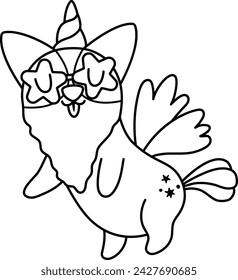 Vector black and white happy corgi dog unicorn. Fantasy line animal with rainbow horn, tail, flowers on head, wings, stars. Fairytale character for kids. Cartoon magic creature icon or coloring page
