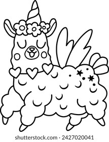 Vector black and white happy llama unicorn. Fantasy animal with rainbow horn, flowers on head, wings, stars. Fairytale line character for kids. Cartoon magic creature icon or coloring page
