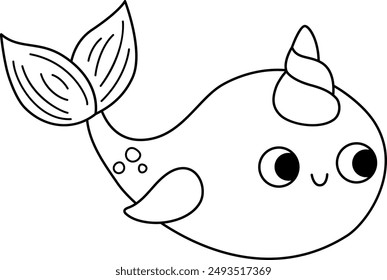 Vector black and white happy narval unicorn. Fantasy water animal with rainbow horn. Fairytale or mermaid character for kids. Cartoon magic creature line icon or coloring page
