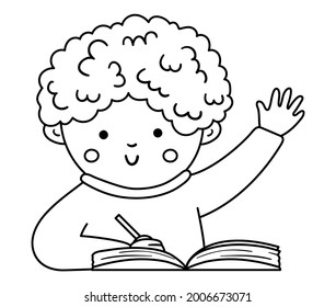 Escolar feliz, blanco y negro vectorial, con mano arriba. Ilustración en aula de la escuela de contorno elemental. Esbozar niño inteligente de piel oscura en la lección. Niño de línea listo para responder 
