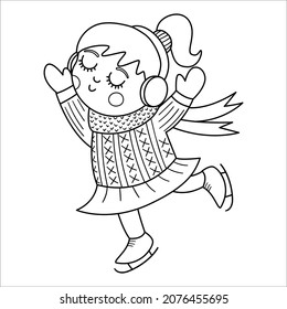 Vector black and white happy skating girl in earmuffs. Cute winter kid line illustration or coloring page. Funny outline picture for Christmas, New Year or winter design
