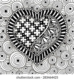 vector black and white heart pattern of flowers, spirals, swirls, doodles
