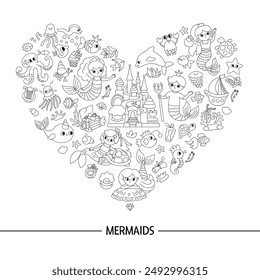 Vector black and white heart shaped frame with mermaids. Underwater line kingdom card template with princess, fish, castle, seaweeds. Marine fairytale card design or coloring page
