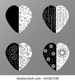 Vector black and white hearts with graphic black and white pattern on a grey background 