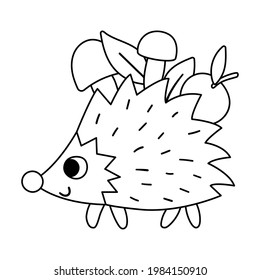 Vektorschwarz-weißer Hedgehog mit Pilzen und Apfel. Kontursymbol für sonnige Waldtiere. Cute-Wald-Line-Illustration für Kinder einzeln auf weißem Hintergrund. 
