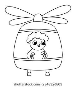 Vector black and white helicopter with pilot icon. Air transport front view for kids. Funny transportation line clip art for children. Cute chopper vehicle coloring page isolated on white background
