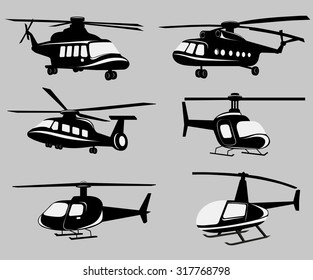 Vector black and white Helicopters image design set for illustration, postcards, labels, stickers and other design needs. 