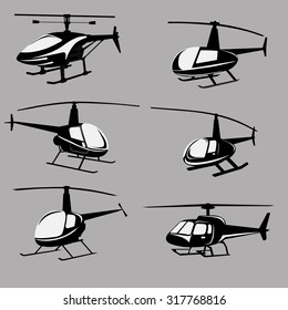 Vector black and white Helicopters image design set for illustration, postcards, labels, stickers and other design needs. 