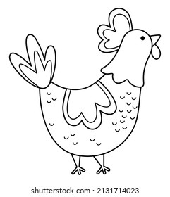 Vector black and white hen icon. Cute cartoon chicken illustration for kids. Outline farm bird isolated on white background. Animal picture or coloring page for children
