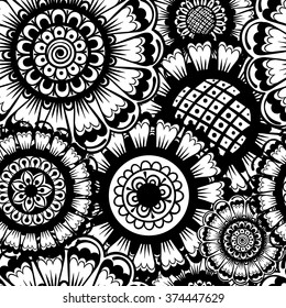 Vector Black and White Henna Circle Flowers Seamless Pattern