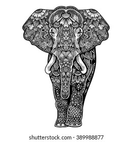 Vector Black And White Henna Elephant Illustration