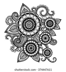 Vector Black and White Henna Flowers Illustration