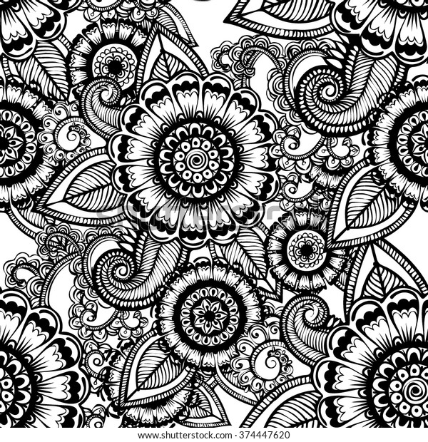 Vector Black White Henna Flowers Seamless Stock Vector (Royalty Free ...