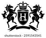 Vector black and white heraldic crest with two standing horses and crown. 