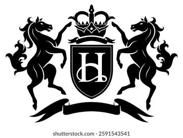 Vector black and white heraldic crest with two standing horses and crown. 