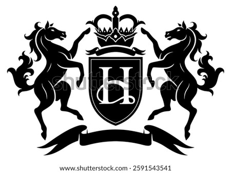 Vector black and white heraldic crest with two standing horses and crown. 