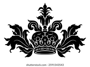 Vector black and white heraldic crown with floral decoration. 