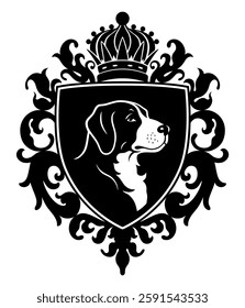 Vector black and white heraldic emblem with dog portrait in center of the shield. Can be use for pets theme. 