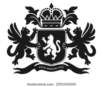 Vector black and white heraldic emblem with two winged cats and one white cat in center of the shield. Can be use for pets theme.