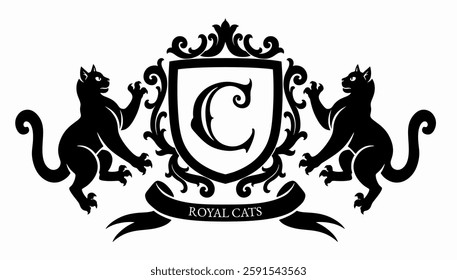 Vector black and white heraldic emblem with two cats on a white background. Can be use for pets theme.