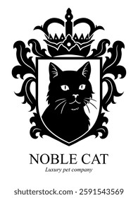 Vector black and white heraldic emblem with cat portrait and crown. Can be use for pets theme.