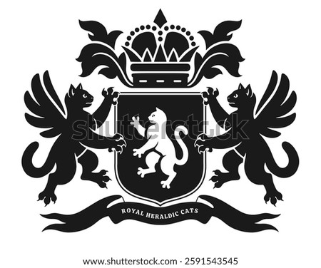 Vector black and white heraldic emblem with two winged cats and one white cat in center of the shield. Can be use for pets theme.
