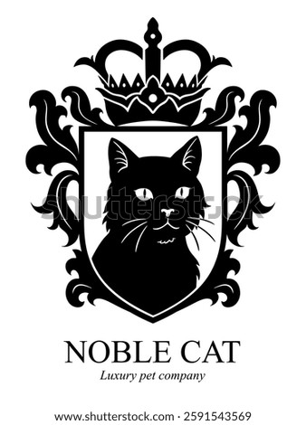 Vector black and white heraldic emblem with cat portrait and crown. Can be use for pets theme.