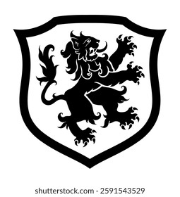 Vector black and white heraldic shield with standing lion.  