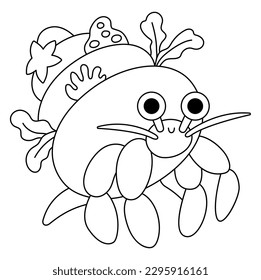 Vector black and white hermit crab with shell icon. Under the sea line illustration with cute funny ocean animal. Cartoon underwater or marine clipart or coloring page for children
