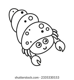 vector black   white hermit crab and shell icon  under sea line illustration and cute funny ocean animal  cartoon underwater marine print for children