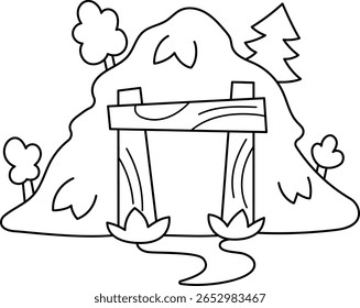 Colina preta e branca vetorial com porta. Ilustração da entrada da mina anã. Clipart de caverna de mineração Gnome. Fantasia floresta ou floresta ícone da linha de montanha. Página de cores de conto de fadas mágico

