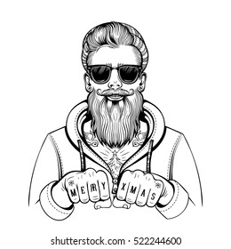 Vector Black and White Hipster Tattoo Santa Illustration