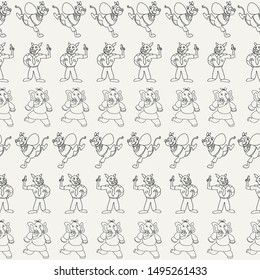 Vector black and white horizontal anthropomorphic cartoon characters seamless pattern background