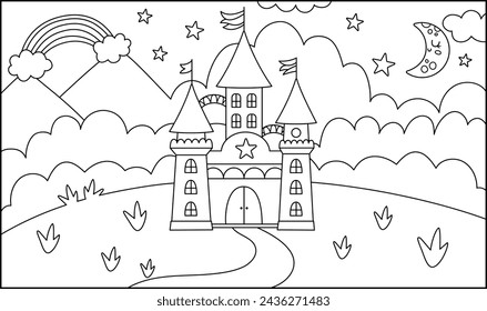 Fondo horizontal blanco y negro del vector con el castillo del unicornio, campo, nube, arco iris. Fantasía escena mundial con palacio, torres. Página para colorear de paisaje de línea de cuento de hadas. Ilustración del Reino para los niños