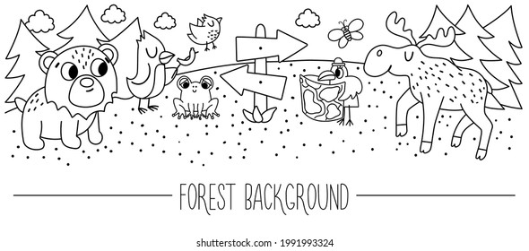 Vector black and white horizontal border forest background. Cute outline card with comic adorable animals in the woods. Adventure road trip print template. Active local tourism line bookmark
