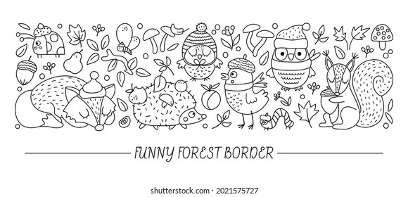 Vector black and white horizontal border set with cute animals and autumn forest elements. Thanksgiving line card template design with woodland characters. Funny fall border
