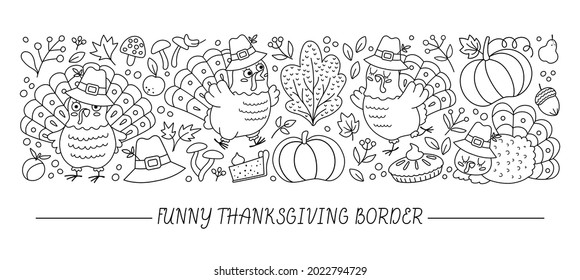 Borde horizontal vectorial blanco y negro con pavos bonitos, calabazas, cosecha y elementos forestales otoñales. Esquema diseño de la plantilla de la tarjeta de agradecimiento. Frontera divertida de línea otoño de vacaciones