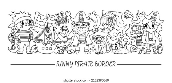 Vector black and white horizontal border set with cute pirates and animals. Line sea adventures card template design. Cute treasure island border or coloring page with crab, captain, sailors
