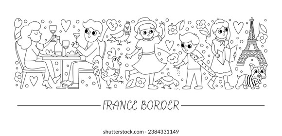 Borde horizontal blanco y negro vectorial con franceses. Diseño de plantillas de tarjetas de Francia con caracteres bonitos. Borde de línea divertida o página de color con comida de hombre y mujer, Torre Eiffel
