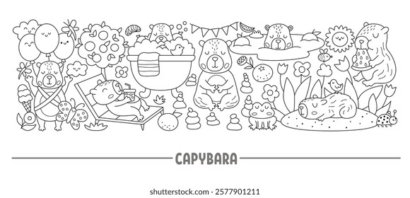 Vector black and white horizontal capybara border set with cute animals. Capibara line card template design, coloring page with relaxed guinea pigs meditating, sleeping, relaxing, having fun