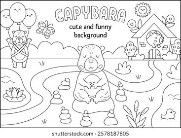 Vector black and white horizontal scene with capybaras. Landscape line illustration with capibaras. Cute background or book cover for kids with animals. Funny scene, coloring page for kids