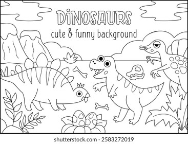 Vector black and white horizontal scene with dinosaurs. Ancient period line landscape illustration. Cute prehistoric background, book cover for kids with T-rex, spinosaurus. Funny dino coloring page
