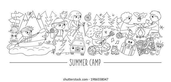 Vector black and white horizontal set with cute comic forest animals and children doing summer camp activities. Card template with woodland characters and kids on holidays. Active trip line border.
